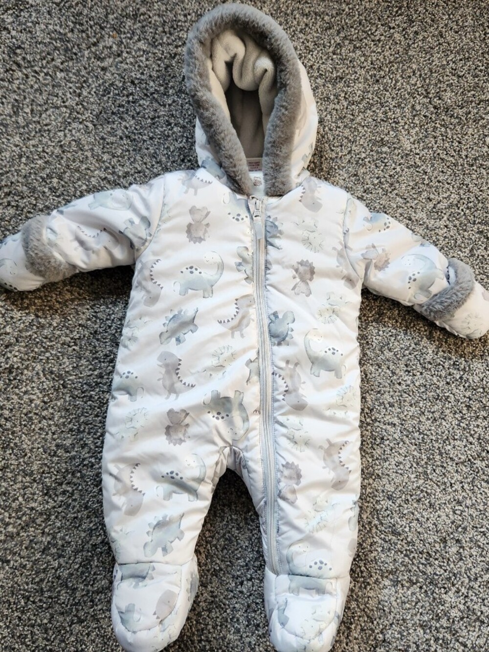 ​Cute Baby Dinosaur Print Padded Pramsuit - Gray/White - Size 3-6M